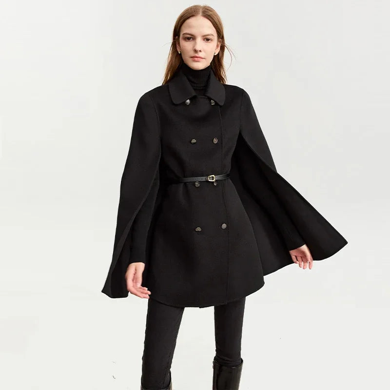 Damen Wollmantel im Vintage-Stil mit Revers und Ledergürtel für Winter