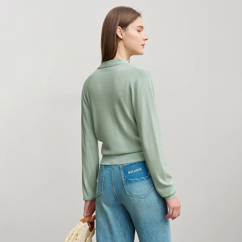 Damen-Strickpullover mit V-Rücken, langarm, einfarbiges Grün.
