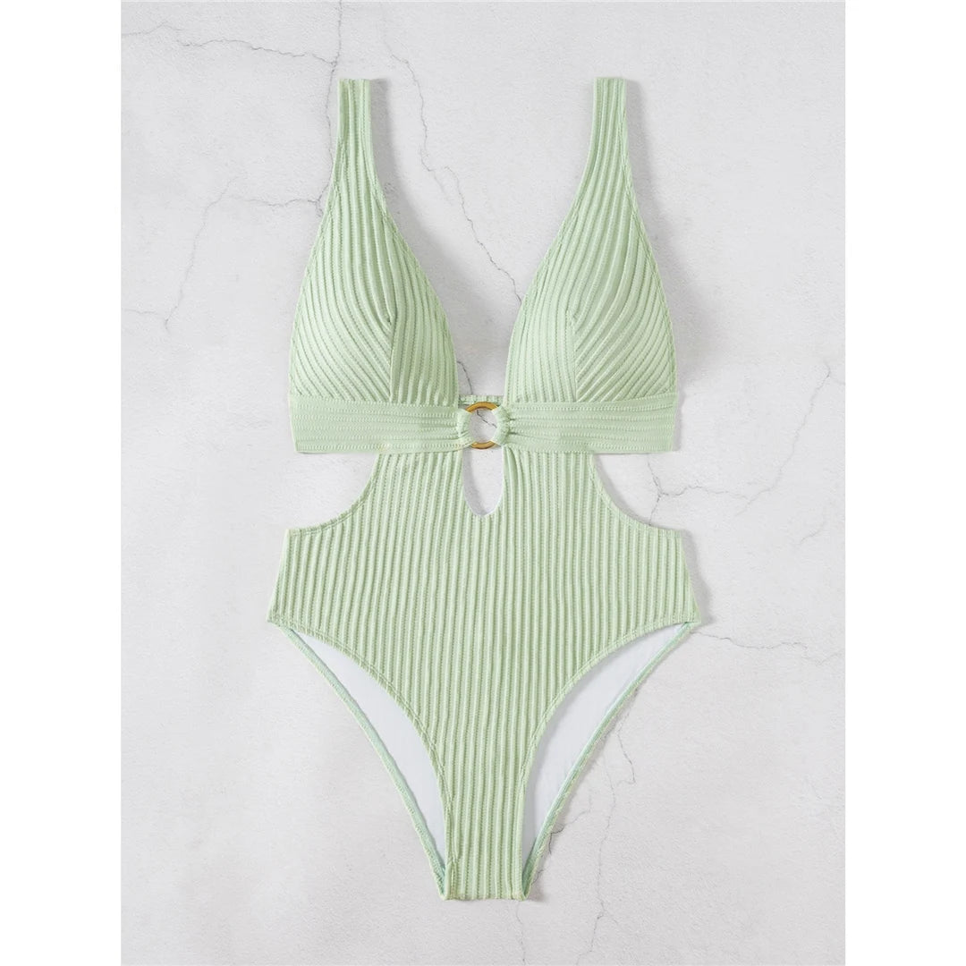 Damen Badeanzug tiefer V-Ausschnitt Cut-Out Monokini hoher Beinausschnitt 8 Farben