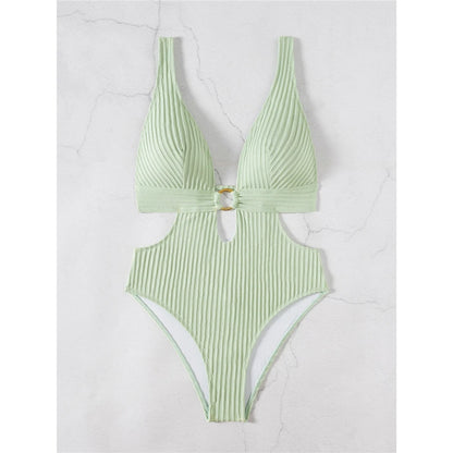 Damen Badeanzug tiefer V-Ausschnitt Cut-Out Monokini hoher Beinausschnitt 8 Farben