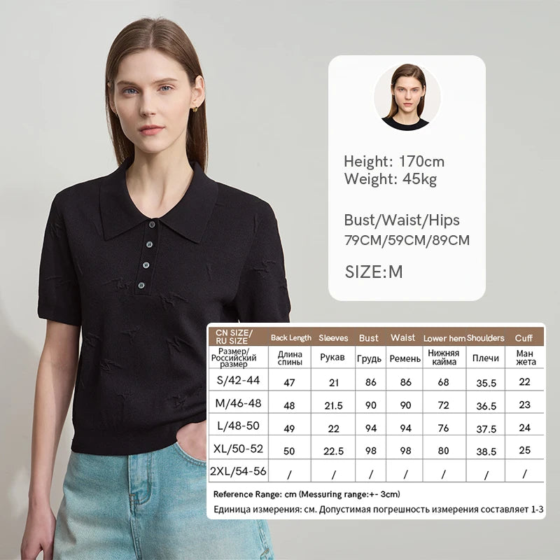 Schwarzer Damen-Strickpullover mit Polo-Kragen, Knopfleiste und Jacquardmuster