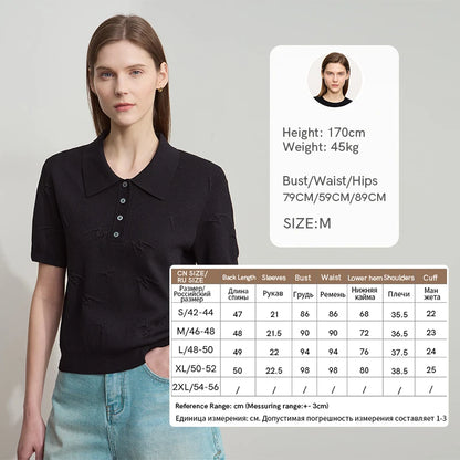 Schwarzer Damen-Strickpullover mit Polo-Kragen, Knopfleiste und Jacquardmuster