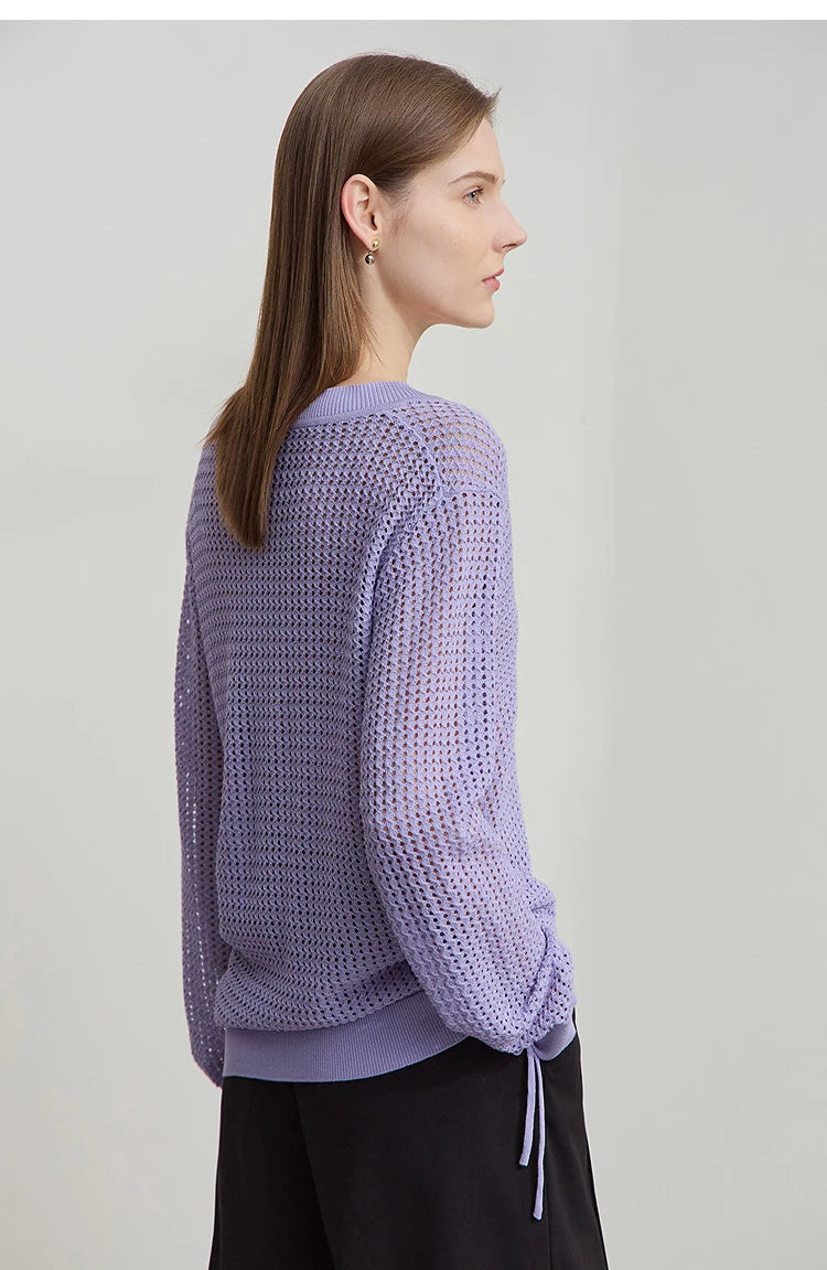 Damen-Strickpullover mit offenen Maschen, gerader Rücken, lange Ärmel, lila