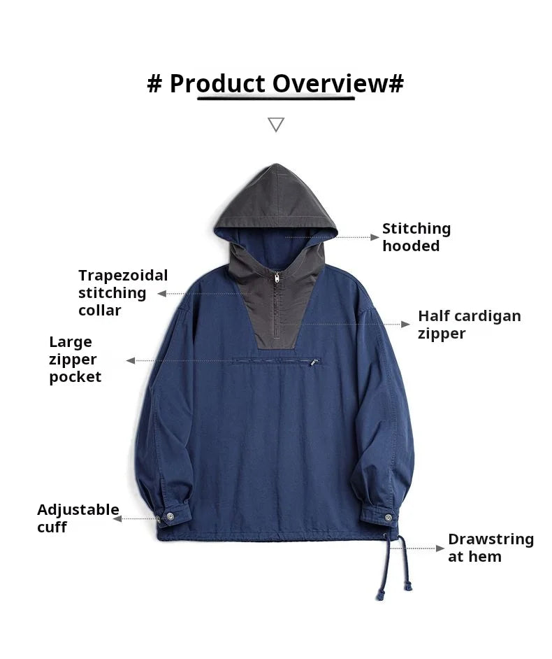 Herren Kapuzenjacke Vintage Color-Block Loose Fit Marineblau Taschen Mantel