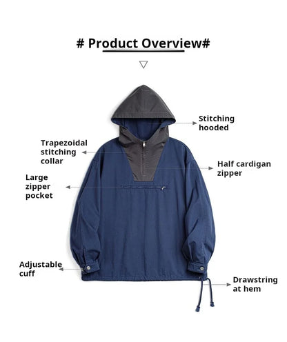 Herren Kapuzenjacke Vintage Color-Block Loose Fit Marineblau Taschen Mantel
