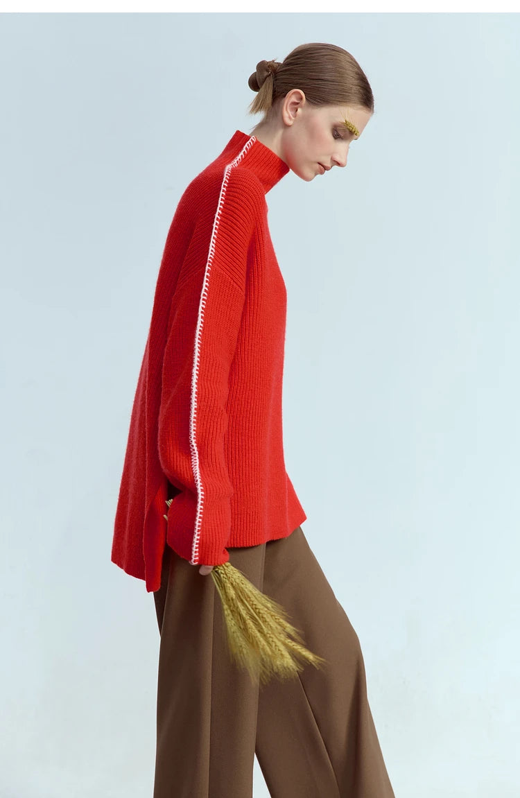 Damen-Rollkragenpullover Wolle Stickerei locker Weihnachten Winter