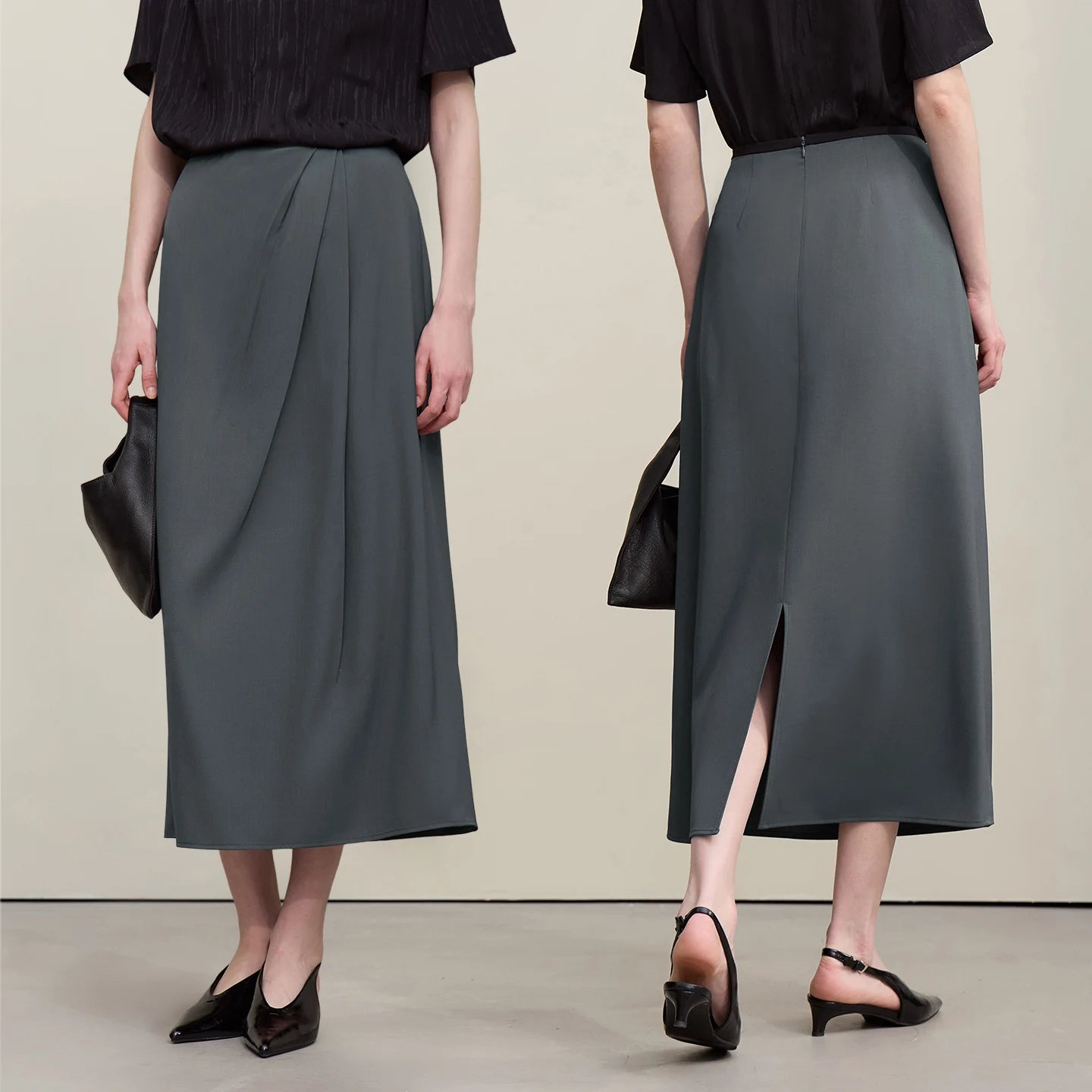 Damen-Plisserock Midi in Dunkelgrau mit Faltenfront und Schlitzoptik am Saum