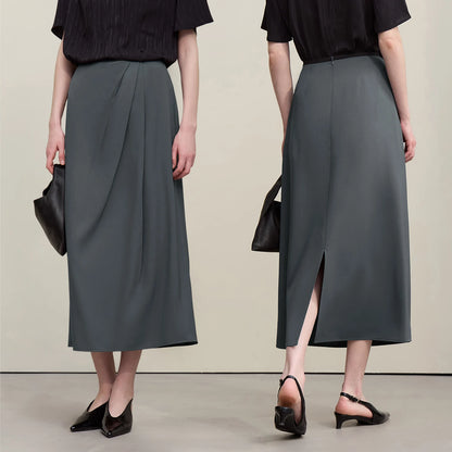 Damen-Plisserock Midi in Dunkelgrau mit Faltenfront und Schlitzoptik am Saum