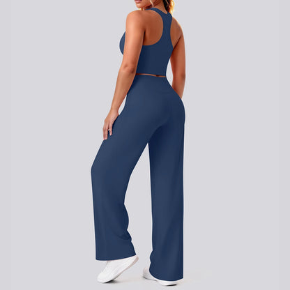 Damen-Yoga-Set in Navy: Rückansicht mit Träger-Top, hoher Bund und weite Hose