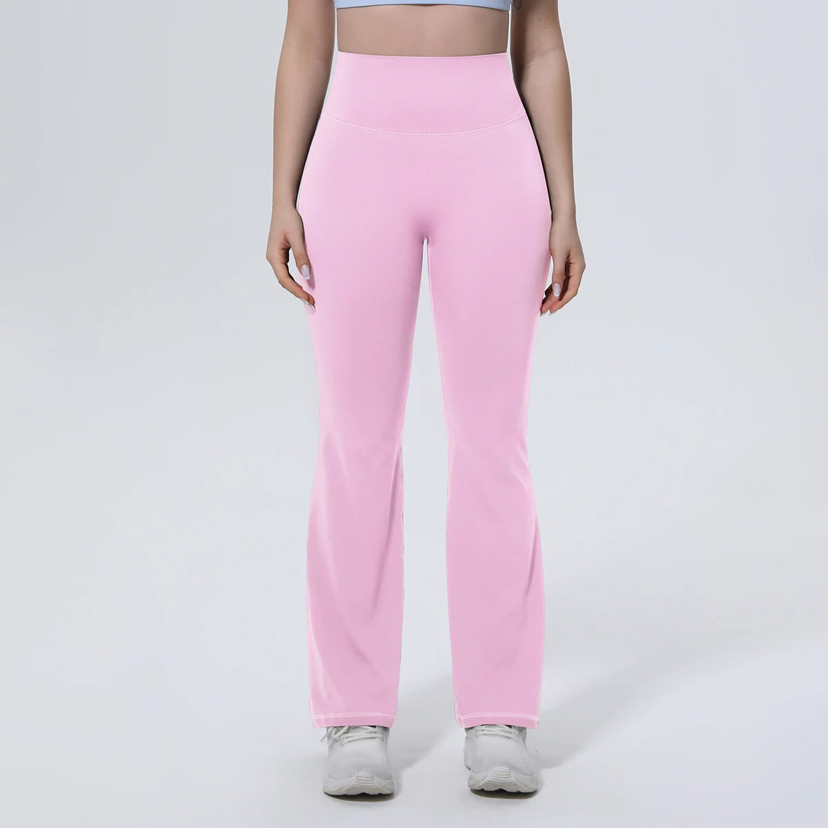 Damen-Yogahose, lang, rosa, High-Waist Bund, weites Schlagbein