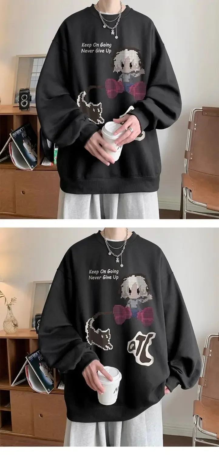 Japanischer Vintage-Pullover mit Fleece, Rundhalsausschnitt und Print – Lässiger Langarm-Hoodie für Herren im Winter.