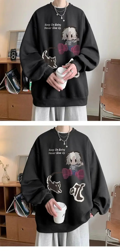 Japanischer Vintage-Pullover mit Fleece, Rundhalsausschnitt und Print – Lässiger Langarm-Hoodie für Herren im Winter.