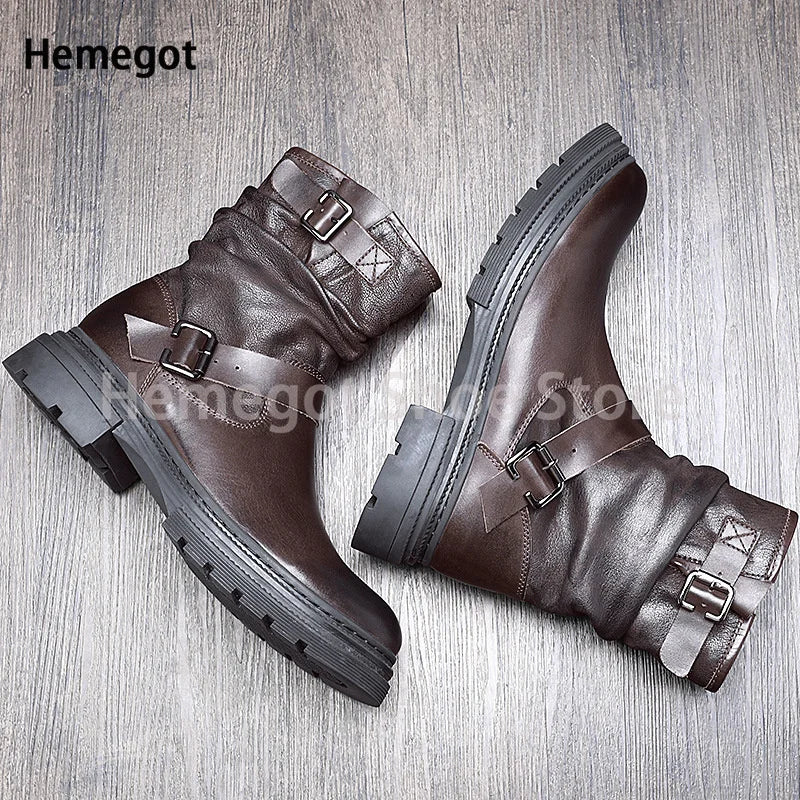Chelsea-Boots für Herren, braun, seitliche Schnalle, Profilsohle, Reißverschluss