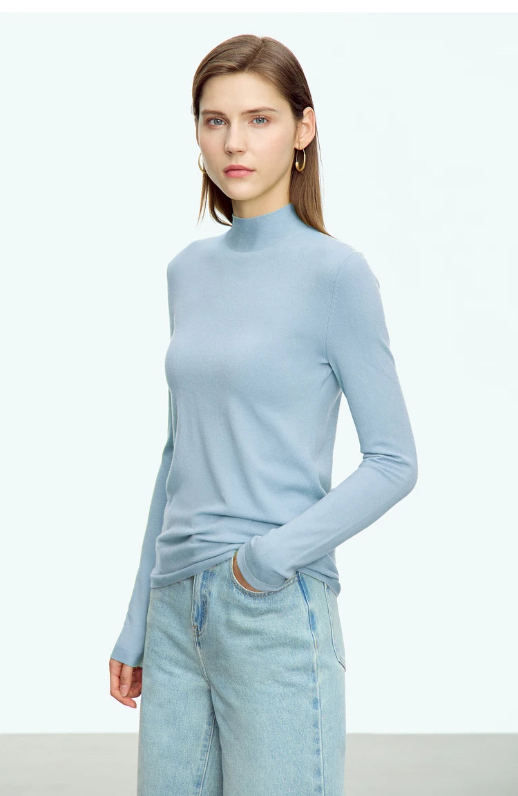 Damen-Langarmpullover mit Stehkragen, einfarbig hellblau, schlanke Passform