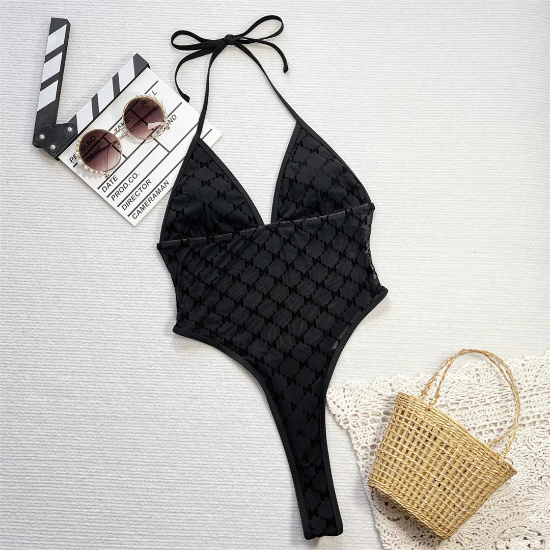 Damen Badeanzug Neckholder Micro Tanga High-Cut Monokini gepolstert
