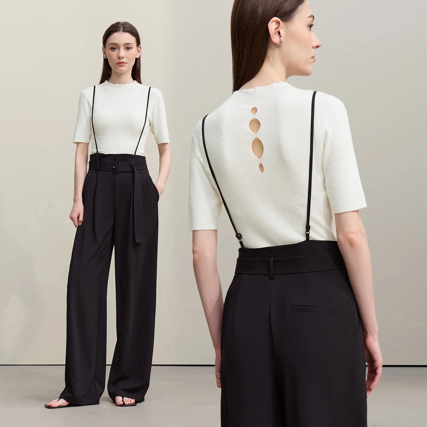 Damen-Strickpullover mit kurzem Stehkragen und Rückenaussparungen, Kurzarm in Offwhite