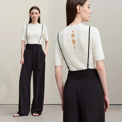 Damen-Strickpullover mit kurzem Stehkragen und Rückenaussparungen, Kurzarm in Offwhite