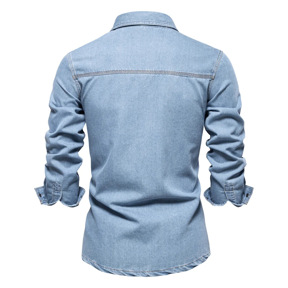 Herren Denim Shirts aus 100 Prozent Baumwolle mit doppelten Taschen im Casual-Stil