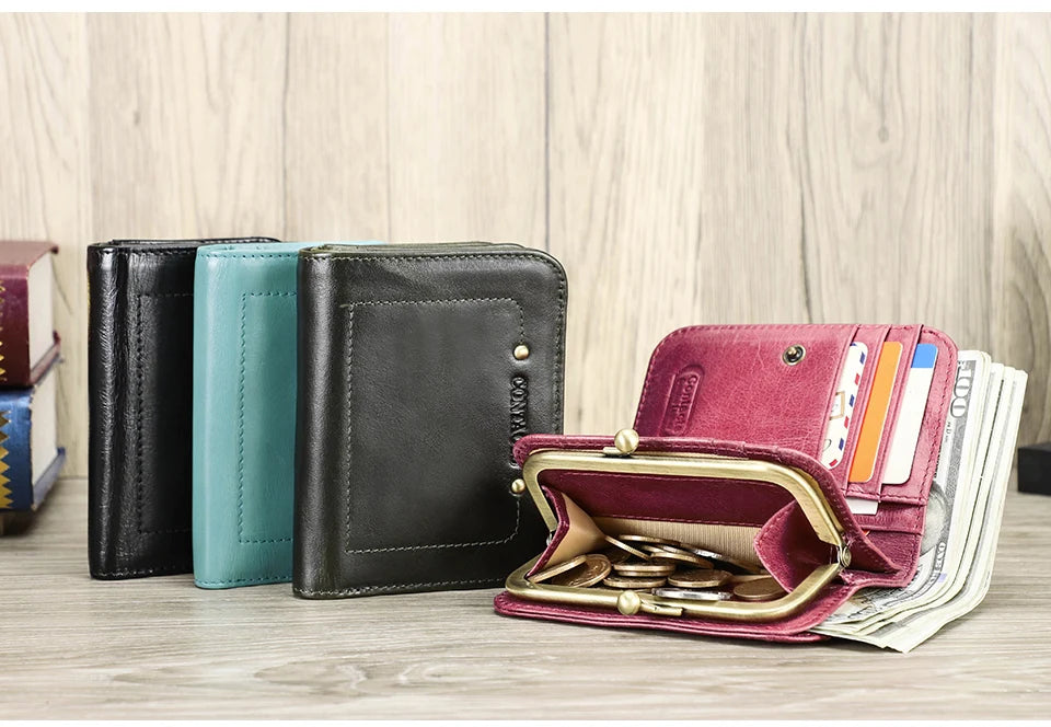 Damen Echtleder Geldbörse Vintage Metallrahmen RFID 6 Kartenfächer Münzfach Reise
