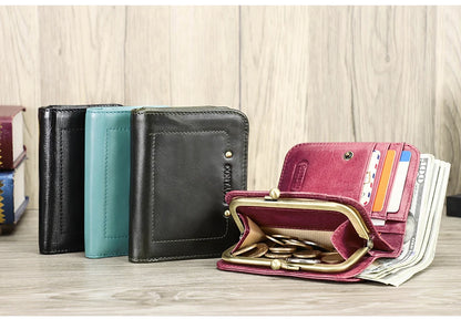 Damen Echtleder Geldbörse Vintage Metallrahmen RFID 6 Kartenfächer Münzfach Reise
