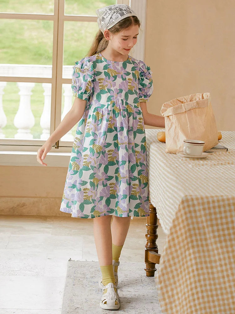 Kurzes Mädchen-Kleid mit Puffärmeln und Cheongsam-Design, Patchwork aus Gaze in Lila-Blau, mit Perlenknöpfen – für Kinder von 3 bis 12 Jahren.