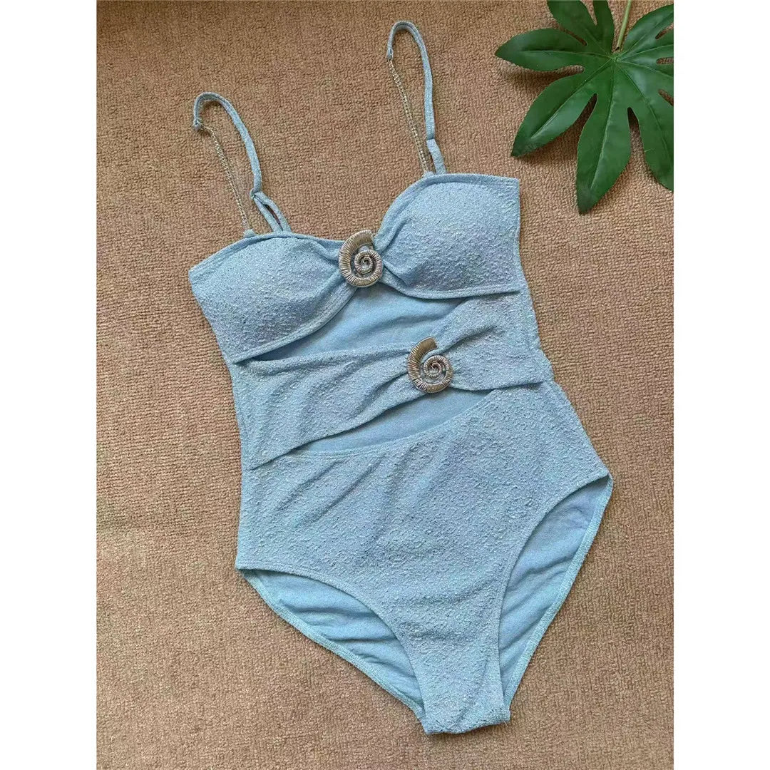 Damen Badeanzug Bauch-Cut-Out Metallring hoher Beinausschnitt Monokini gepolstert