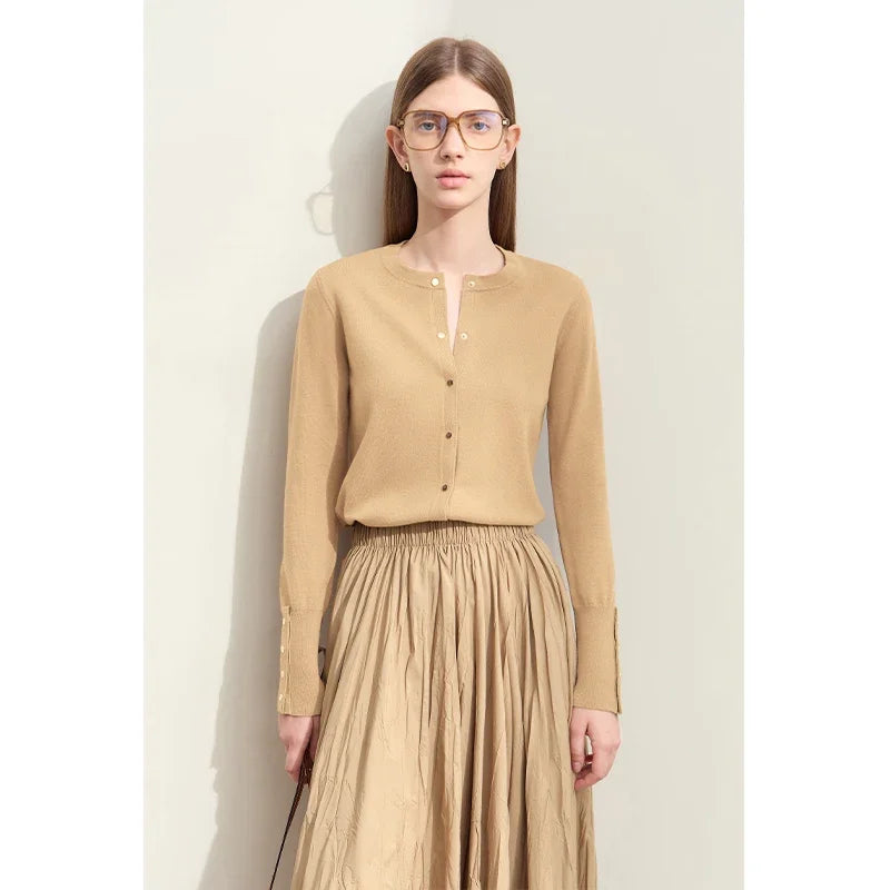 Damen-Strickjacke Rundhals Wolle Metallknopf französisch Büro Frühling