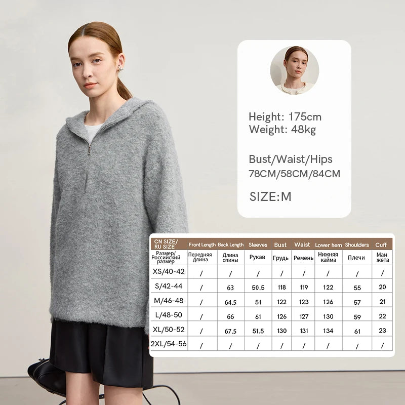 Damen-Kapuzenpullover Wolle Reißverschluss locker dick warm Winter