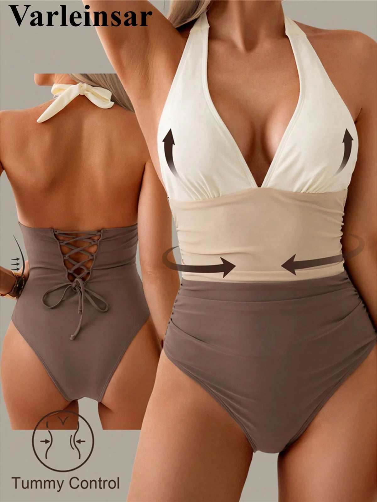 Damen Badeanzug Spleiß V-Ausschnitt rückenfrei Neckholder Monokini gepolstert