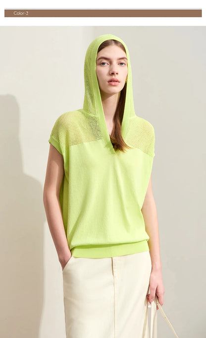 Damen-Kapuzenpullover Viskose Kurzarm locker Patchwork Sommer