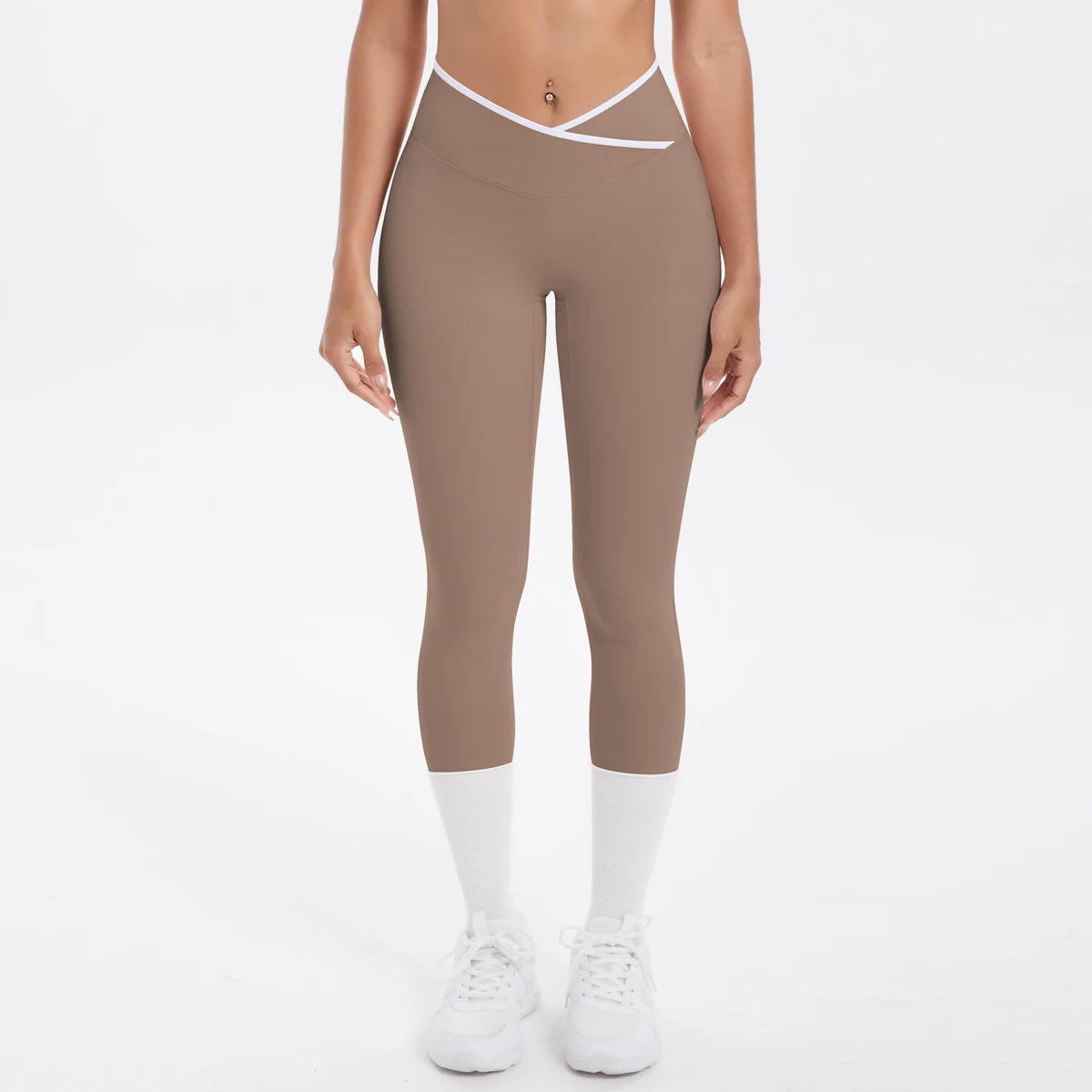 Damen-Yoga-Leggings, hohe Taille, braun, 3/4 Länge mit weißem Saumeinsatz
