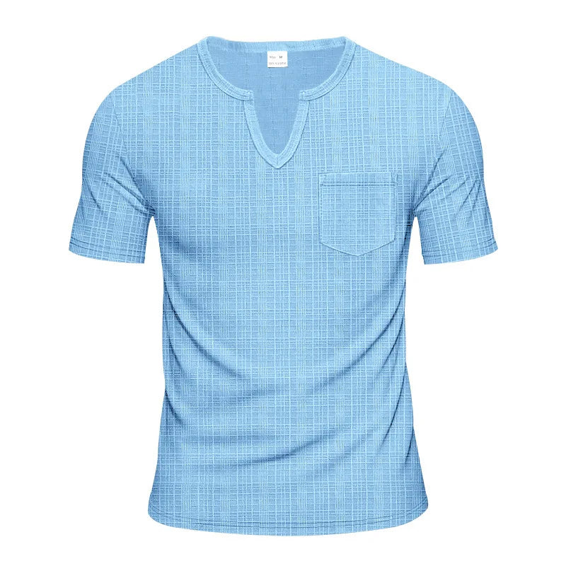 Herren-Casual-Poloshirt mit V-Ausschnitt, Brusttasche und Knopfleiste – vielseitiges, einfarbiges Business-T-Shirt
