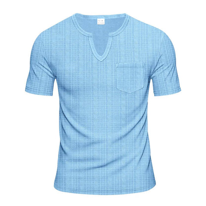 Herren-Casual-Poloshirt mit V-Ausschnitt, Brusttasche und Knopfleiste – vielseitiges, einfarbiges Business-T-Shirt