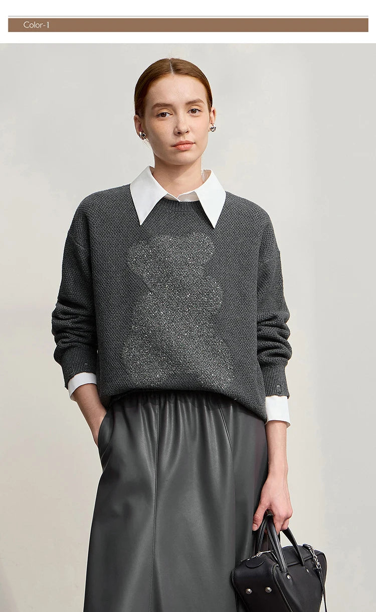 Damen-Rundhalspullover Jacquard Aushöhlung Perlenstickerei locker Winter