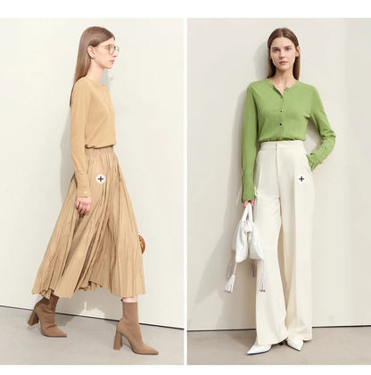 Damen-Strickjacke Rundhals Wolle Metallknopf französisch Büro Frühling