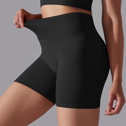 Nahtlose Damen-Shorts aus Strick, schwarz, kurze Laufhose mit breitem Bund