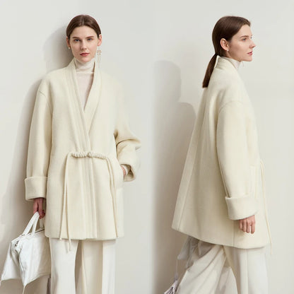 Damen Wollmantel im minimalistischen Neo-Chinesischen Stil mit V-Ausschnitt und Taschen