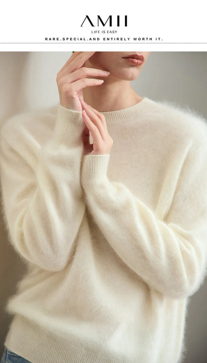 Kaschmirpullover mit O-Ausschnitt, Rippenbündchen, cremefarben, weiche Strickstruktur