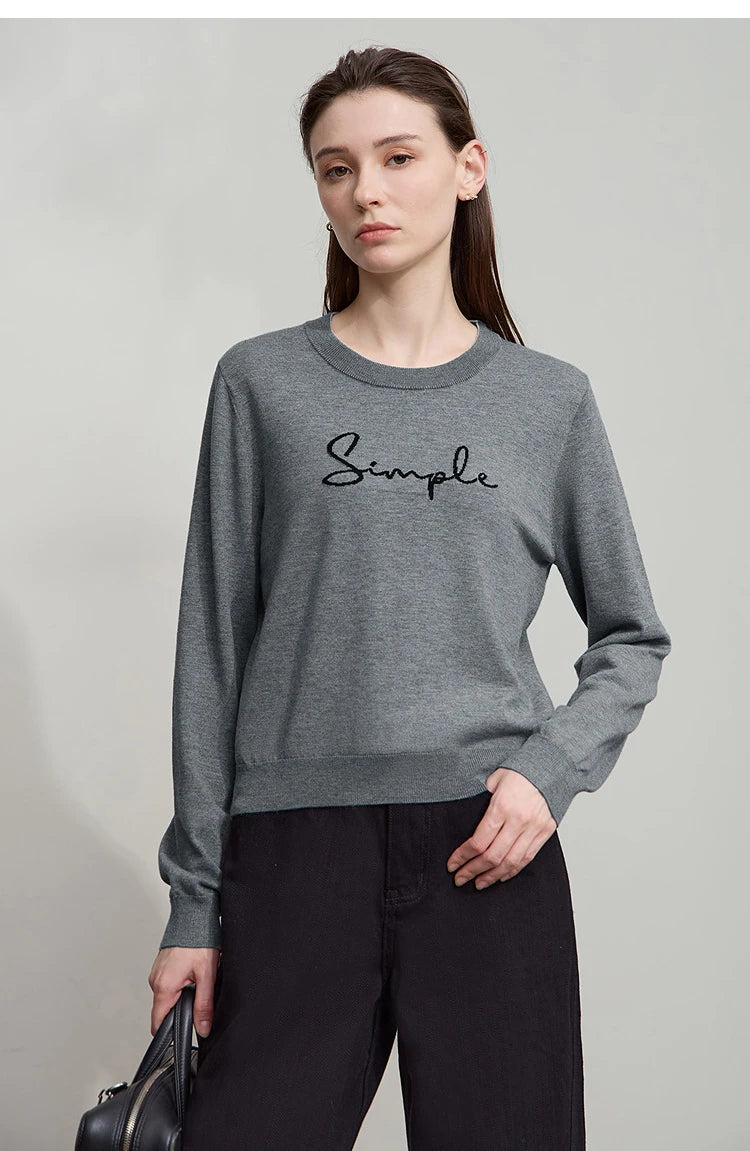 Langarm-T-Shirt mit Rundhalsausschnitt in Grau und „Simple“-Schriftzug auf der Brust
