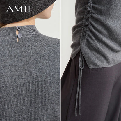 Damen-Halbrollkragen-Pullover Slim Kordelzug Wolle-Mix Sommer