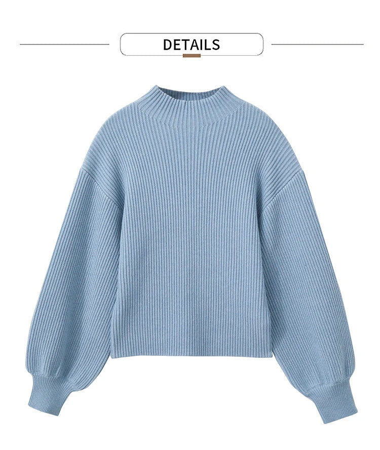 Damen-Wollpullover mit Stehkragen und Laternenärmeln, hellblau gerippt