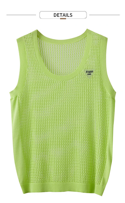Damen V-Ausschnitt Pullover Viskose ärmellos Lochmuster Sommer