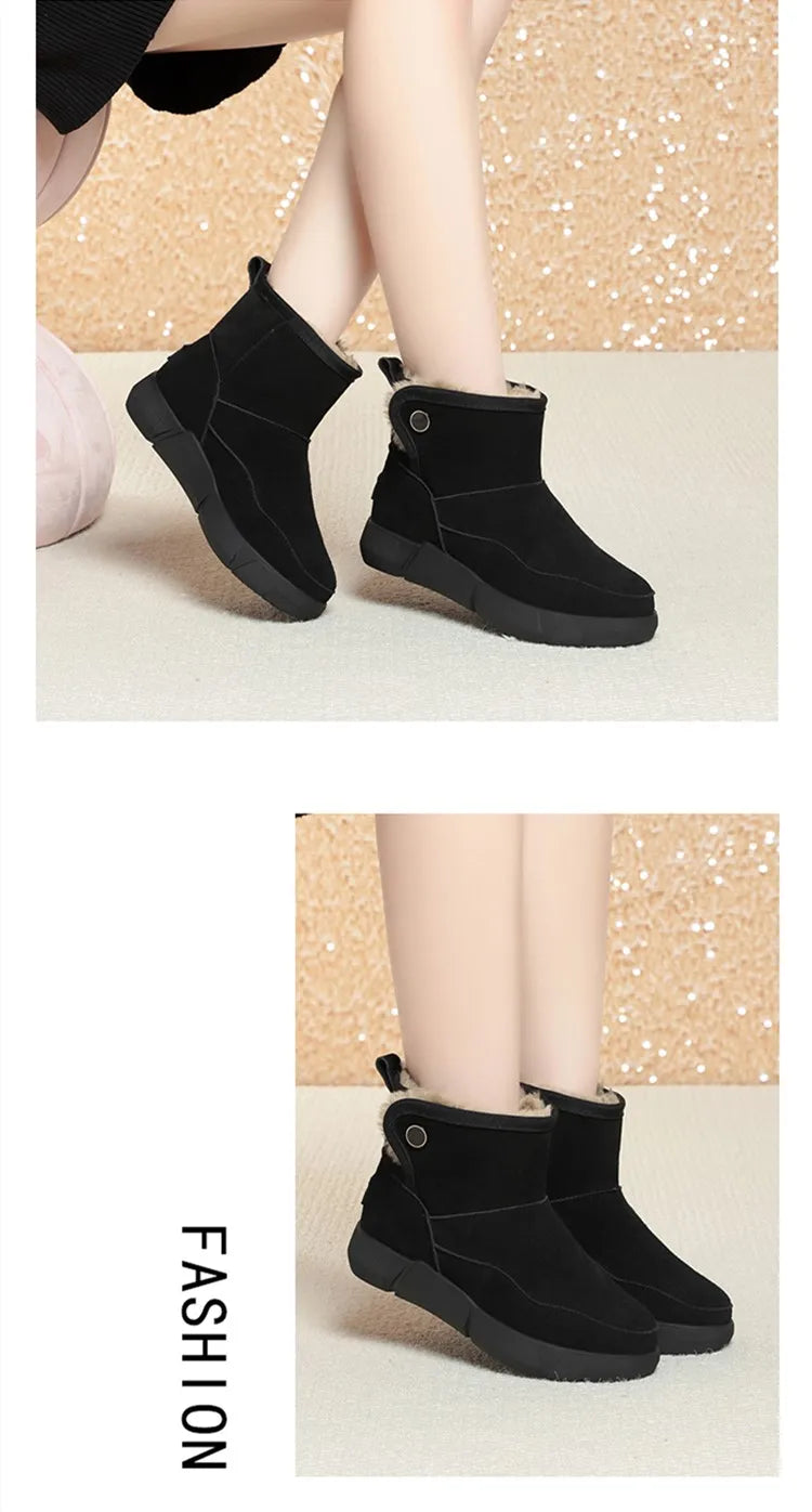 Schwarze Winterboots mit kurzem Schaft und Futterkragen, flache Profilsohle