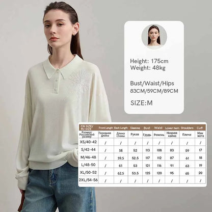 AMII Damenpullover beige mit Bruststickerei und Knopfleiste, lange Ärmel
