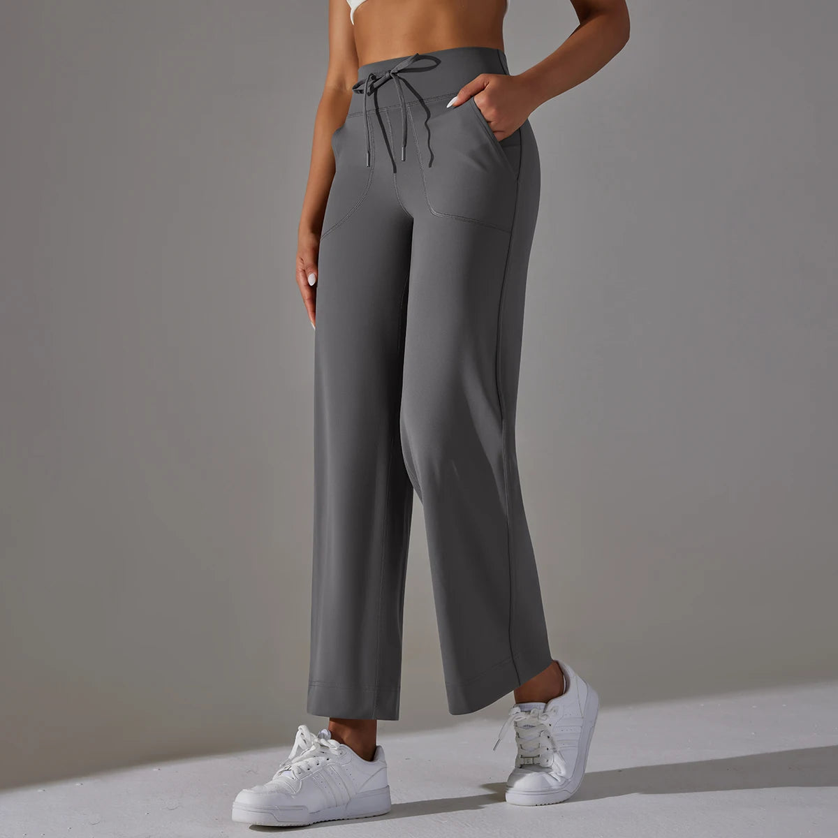 Damen-Leggings mit weitem Bein, hoher Taille, seitlichen Taschen, dunkelgrau