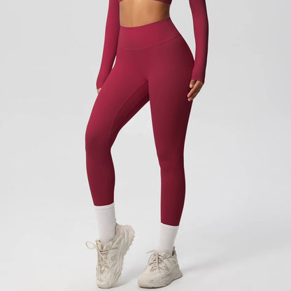 Damen-Yoga-Leggings in Weinrot mit hoher Taille, schmalem Bein und Knöchelbund
