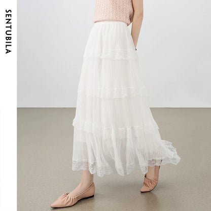 Damen A-Linie Spitzenrock im süßen Stil mit elastischer Taille und Patchwork-Mesh