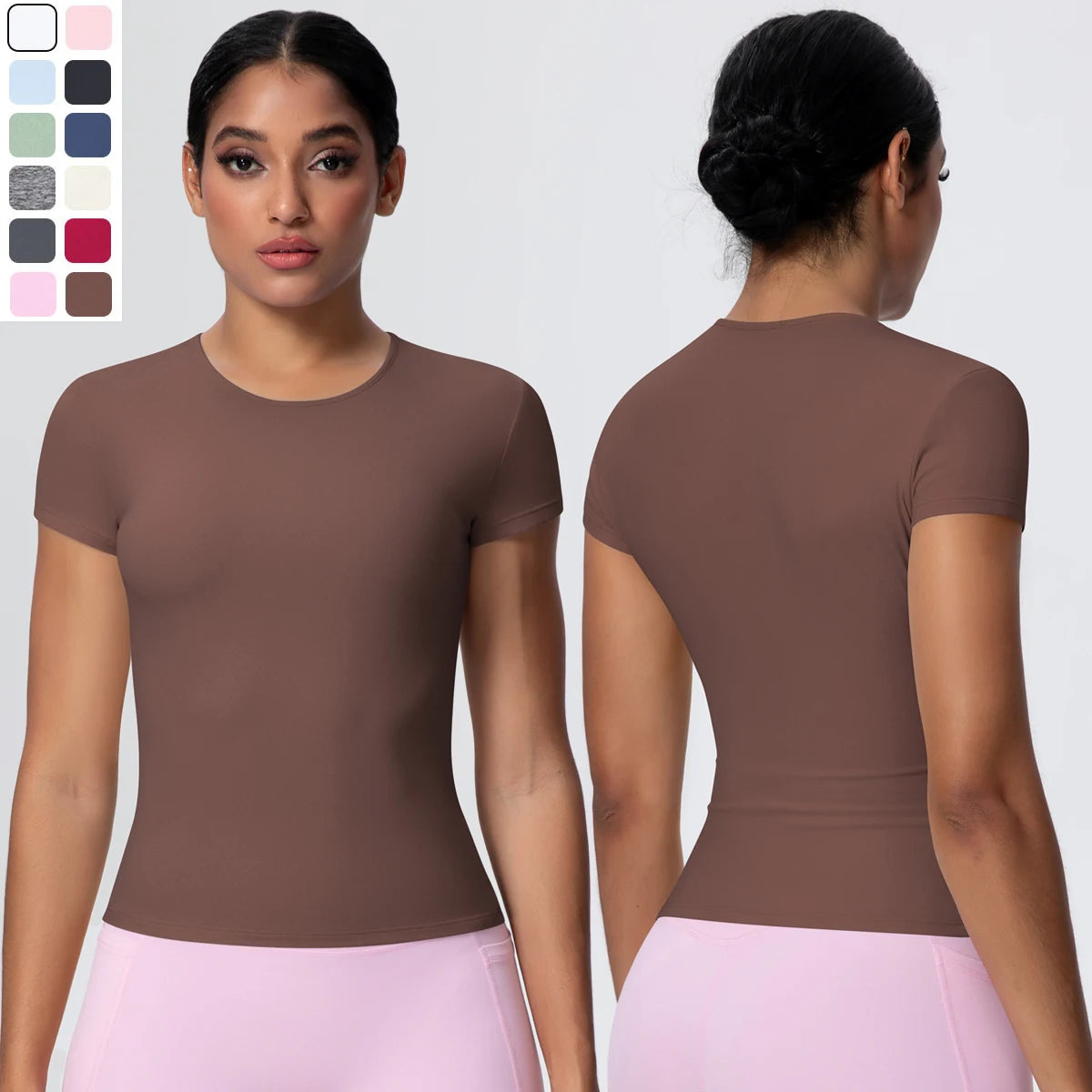 Nike Yoga-Top mit Kurzarm und Rundhalsausschnitt, Vorder- und Rückansicht, braun