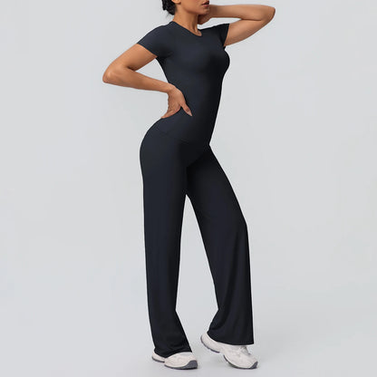 Damen Yoga-Set: kurzärmliges Oberteil und lange Hose in Dunkelblau