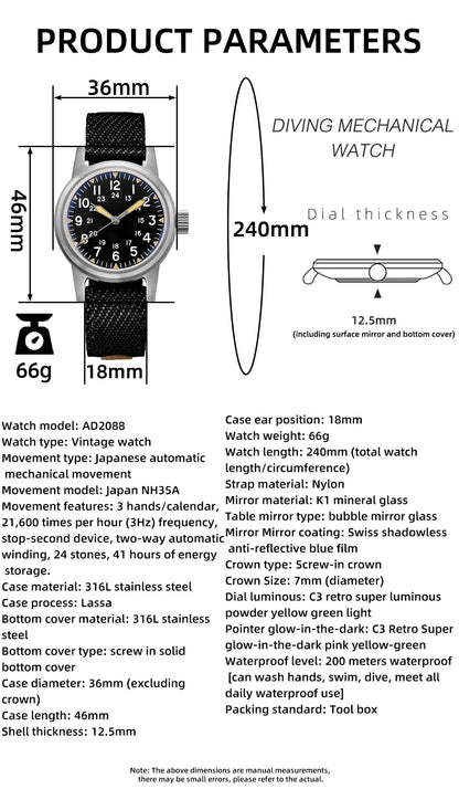 Herren-Vintage-Automatikuhr mit Bubble-Glas und Nylonarmband